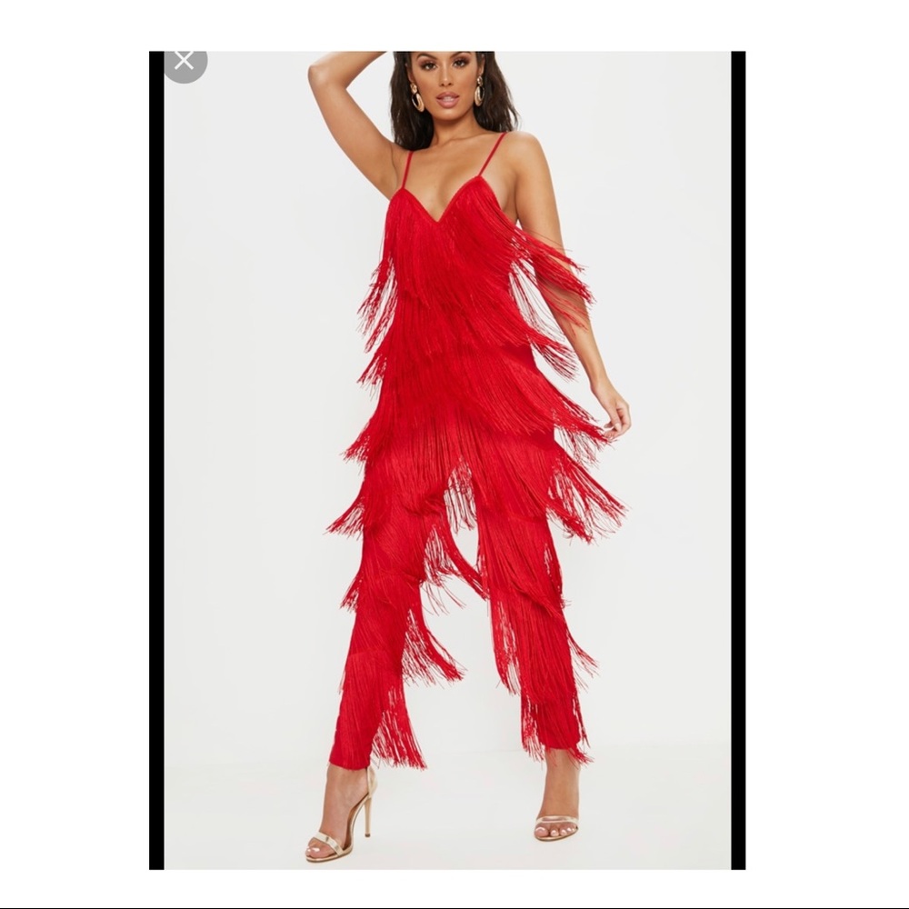 Red fridge jumpsuit deep plunge chest